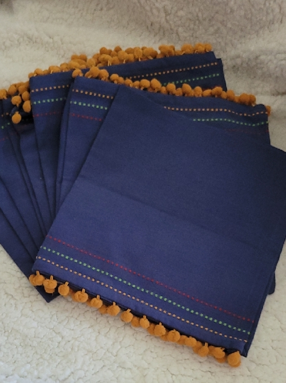 8 Navy Cotton Napkins with Mustard Pom-Pom Trim NWT